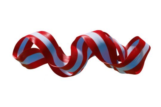 Abstract red and white striped ribbon twisted into a spiral shape isolated on transparent background