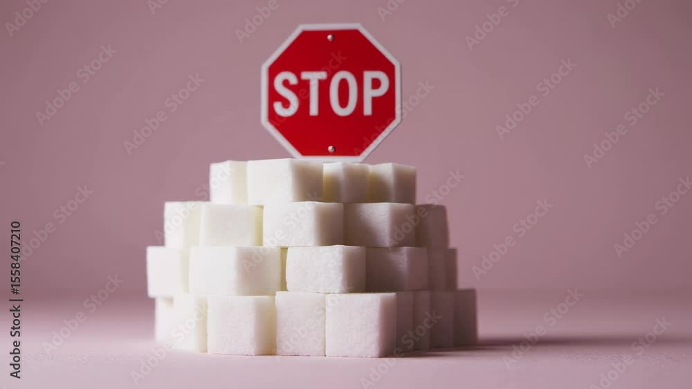 Poster White sugar cubes form a pyramid structure under a stop sign on a pink background, gradually crumbling, symbolizing the need to reduce sugar intake