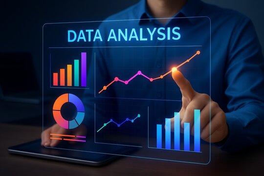 Man analyzing data on a futuristic holographic interface showing charts and graphs