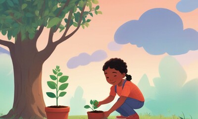 Child Nurturing Plant Sapling Under Tree – Concept of Growth and Habit Building. Growth through small, repeated actions.