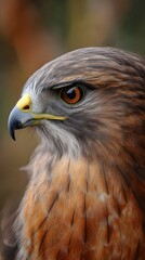 Close-up wild bird of prey portrait featuring the intense eye and beak of a red-tailed hawk or golden eagle, showcasing its predatory nature