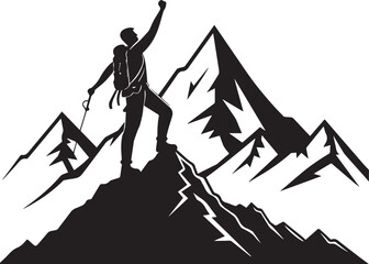 Black silhouette of mountain climber reaching summit, vector icon symbolizing success, achievement, goal, ambition, perseverance, motivation, challenge, adventure, outdoor sports, and victory concept
