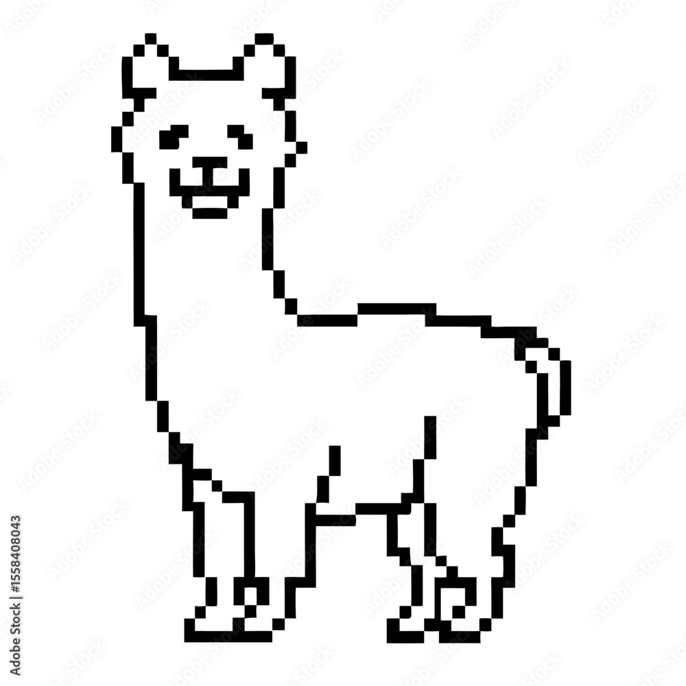 Poster cute pixel outline alpaca standing upright with a friendly expression in simple design