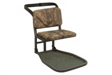 Hunting tree stand seat featuring camouflage upholstery, designed for comfort and concealment during hunting expeditions