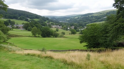 Obraz premium Serene valley vista, lush green fields, distant village nestled among rolling hills under a cloudy sky