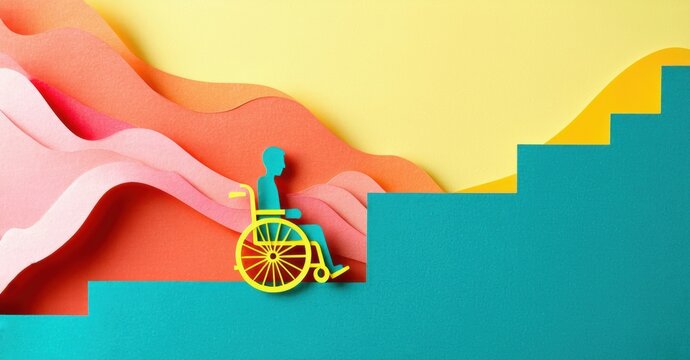 Papercraft depicts wheelchair user facing stairs. Symbolizes accessibility challenges, inclusion needed. Bright colors highlight contrast.