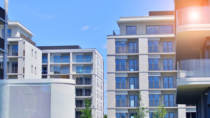 Modern apartment buildings on a sunny day with a blue sky. Facade of a modern apartment building. Modern residential apartment building complex condo.