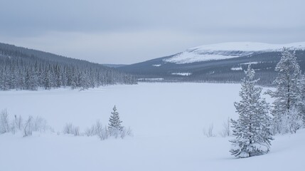 Serene winter landscape featuring a snow-covered lake, surrounded by snow-laden evergreens and distant, snow-capped mountains under a muted sky