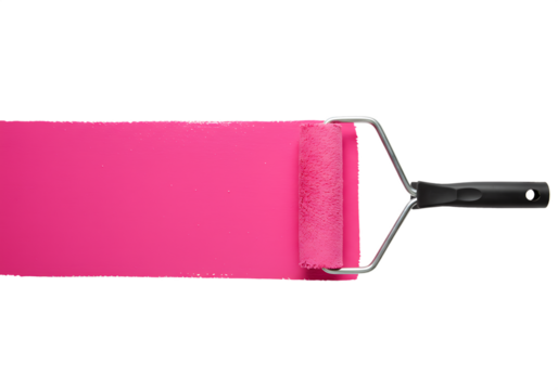 Pink paint roller applying vibrant color across Isolated on transparent background during renovation process  - Powered by Adobe