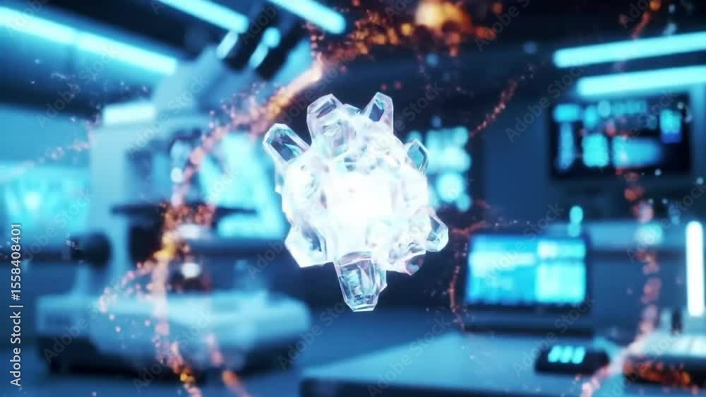 Aufkleber animated crystal structure floating in laboratory with particle effects and microscope.