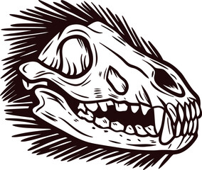 Hand drawn dinosaur skull with spiky outline, vintage engraving illustration isolated on white background