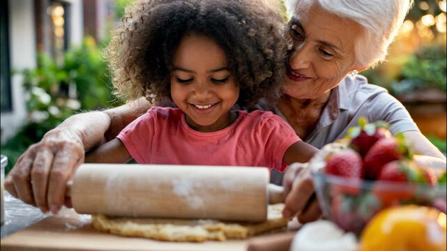 Smiling grandmother helps young girl roll out pastry dough on a sunny afternoon, hands gently guiding together &ndash; cozy family moment &ndash; Generative AI