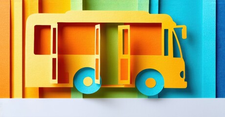 Papercraft bus illustration. Bright colors create layered school transport design. Simple, playful aesthetic.