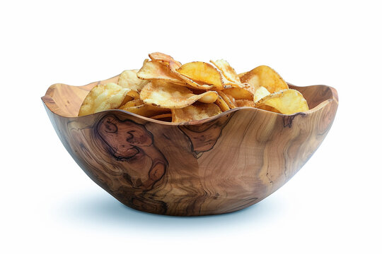 Crispy potato chips in wooden bowl snack food