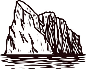 Hand drawn iceberg isolated on water surface black and white sketch engraving illustration