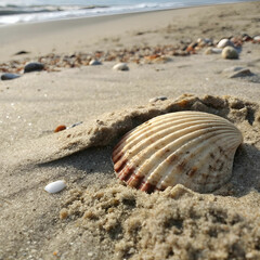 Close-Up Shot of a Beautiful Seashell Resting on Sandy Beach, Highlighting Natures Coastal Beauty and Oceanic Texture in Detail