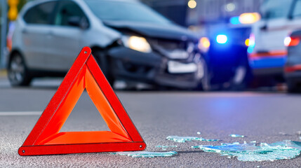 Car accident at night with emergency triangle and damaged vehicles on the road