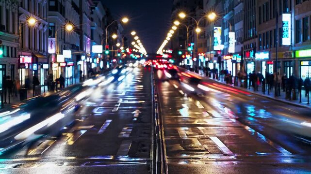 Night city traffic with light trails and illuminated buildings on wet street after rain.