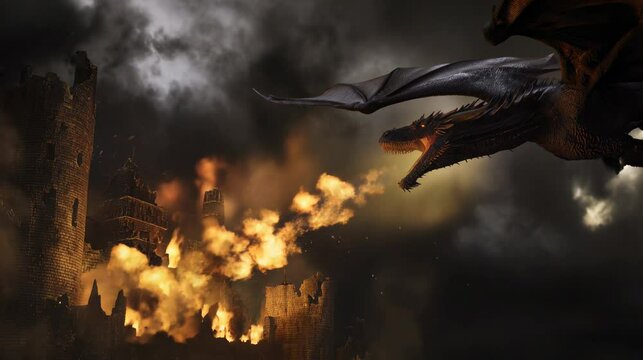 Dragon breathing fire at Fantasy Castle Magical creature