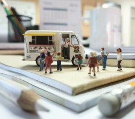 Miniature scene of many kids buying ice cream at the food truck. Office room view. Conceptual...
