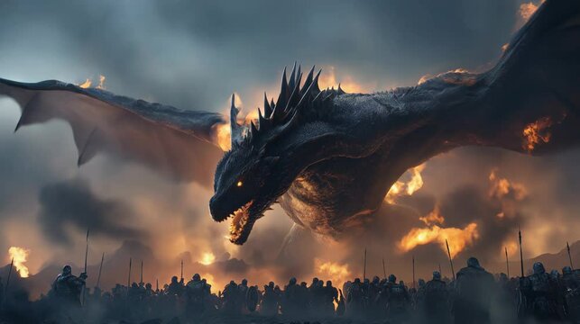Dragon breathing fire magical soldiers fantasy