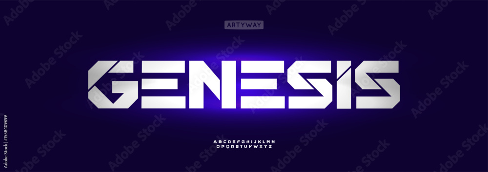 Poster futuristic geometric alphabet, bold cyber font, robotic typographic symbol for sci-fi gaming logo, v