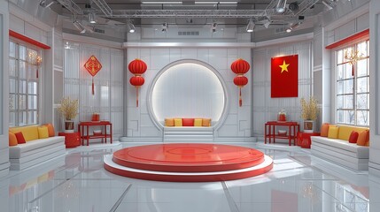 Lunar New Year broadcast set with a Vietnamese flag, red envelopes, lanterns, and a festive white glow