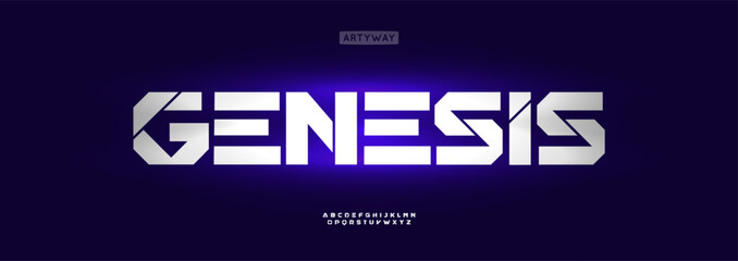 Futuristic geometric alphabet, bold cyber font, robotic typographic symbol for sci-fi gaming logo, virtual tech lettering title. Digital techno typographic design. Vector typeset