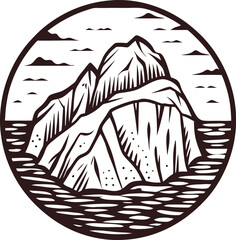 Engraved mountain island in tranquil sea with clouds, vintage circular illustration line art