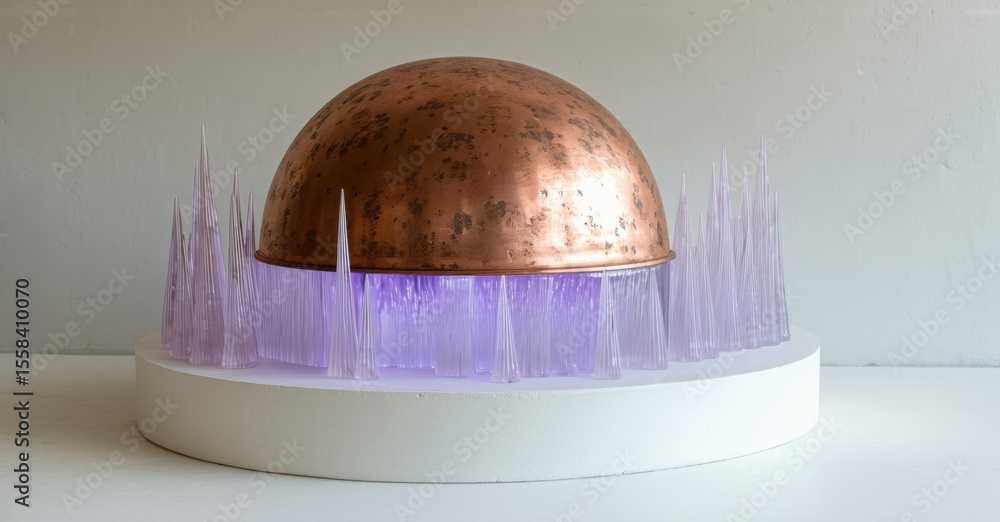 Poster copper dome rests upon crystalline spikes, mounted on white circular base. light emanates from withi