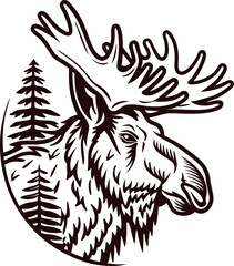 Hand drawn moose head with antlers and pine trees in vintage engraved illustration