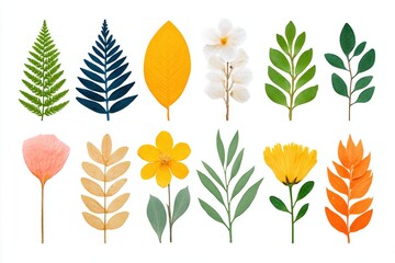 Botanical Collage Elements: Ferns, Pressed Flowers, Seed Pods, Recycled Paper Shapes on White Background - Icon Set