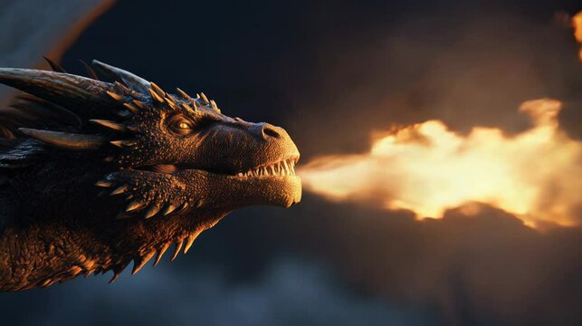 Dragon breathing fire while flying magical fantasy creature