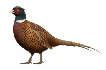 Colorful male pheasant displaying vibrant plumage, perching elegantly against transparent backdrop, highlighting intricate feather patterns