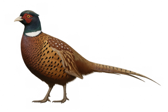 Colorful male pheasant displaying vibrant plumage, perching elegantly against transparent backdrop, highlighting intricate feather patterns