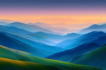 Obraz premium Landscape of hills with trees covered in mist with an orange sky