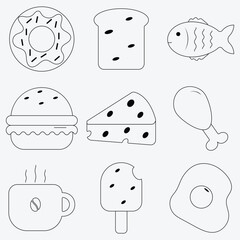 Simple black outline food icon set featuring a donut, toast, fish, burger, cheese, drumstick, coffee cup, popsicle, and fried egg on a light background.
