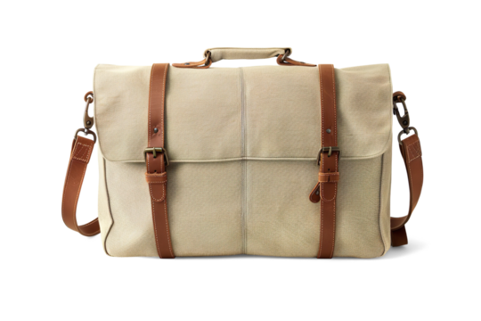Beige Textured Camera Bag Mockup with Leather Strap on a transparent background