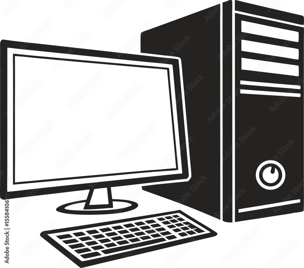 Poster vector art of a desktop computer with monitor keyboard and tower isolated on white background