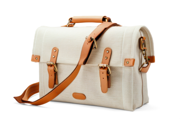 Beige Textured Camera Bag Mockup with Leather Strap on a transparent background