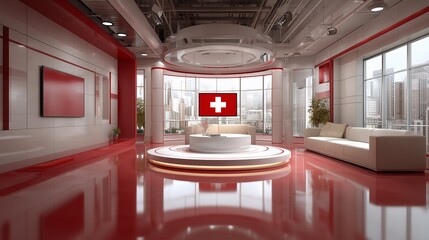 Minimalist newsroom design with a Swiss flag, open space concept, and warm lighting