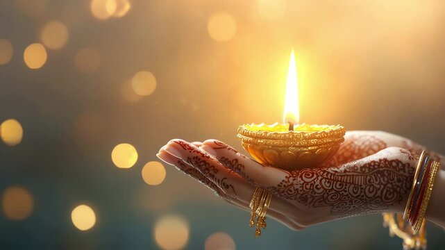 A decorated hand holds a lit oil lamp , creating a festive atmosphere for Diwali celebrations.. The hand features intricate henna designs.