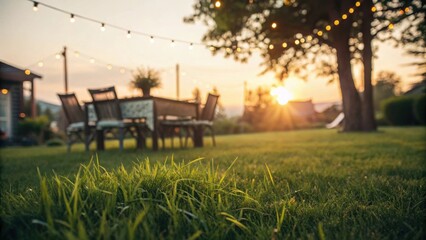 Fototapeta premium Backyard patio table and chairs with string lights at sunset outdoor