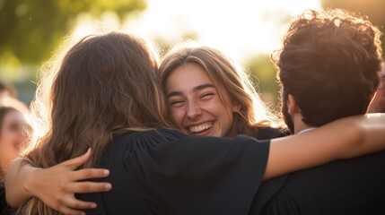 Graduates celebrating together outdoors during a joyful moment in the evening light