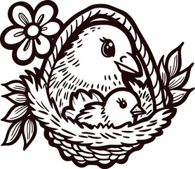 Obraz premium Mother and baby bird in nest with flower and leaves, hand drawn black and white illustration
