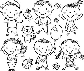 Doodle set of happy kids. Black and white clipart