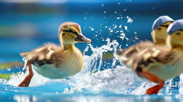 Three cute duckling friends with funny blue hat, joyful duck bird animal group splashing and running in water.