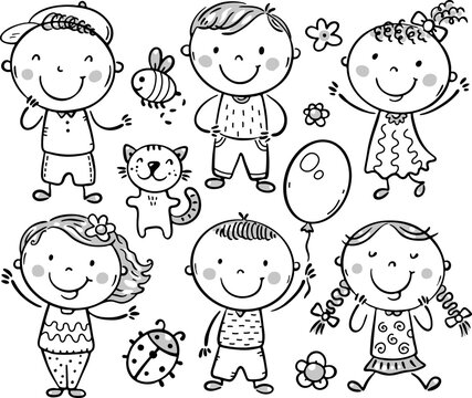 Doodle set of happy kids. Black and white clipart