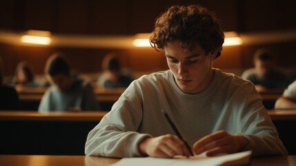 Student focused on writing during a quiet exam in a lecture hall setting