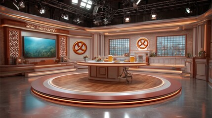 Oktoberfest news studio with a German flag, pretzel decor, beer mugs, and a warm white haze effect